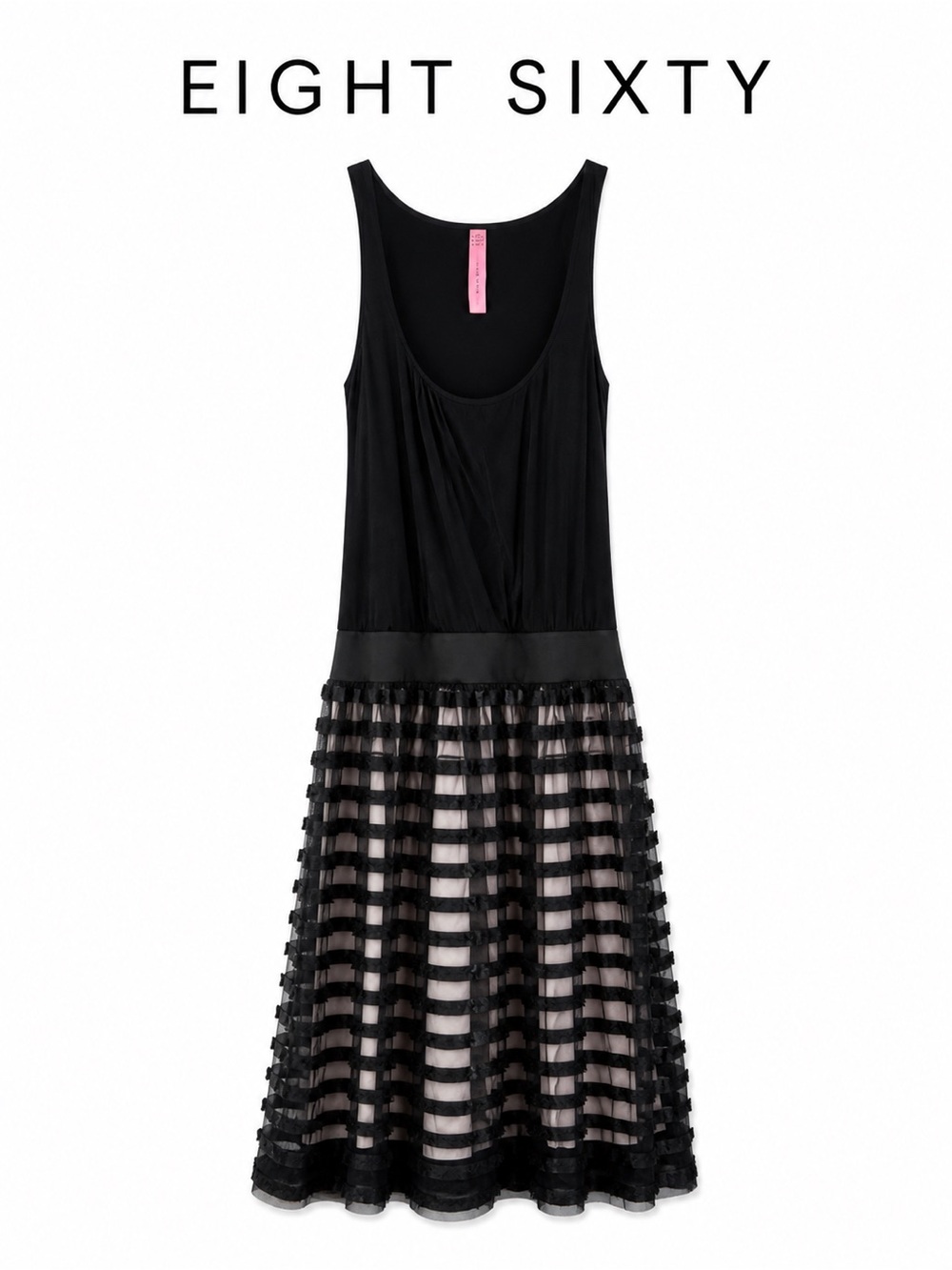 Eight Sixty Black Mesh Overlay Dress Sheer Stripe Sleeveless Midi